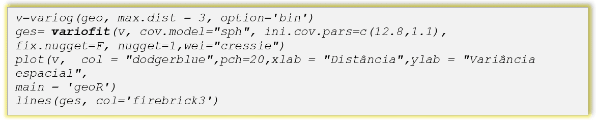 v=variog(geo, max.dist = 3, option='bin') ges= variofit(v, cov.model="sph", ini.cov.pars=c(12.8,1.1), fix.nugget=F, nugget=1,wei="cressie") plot(v, col = "dodgerblue",pch=20,xlab = "Distância",ylab = "Variância espacial", main = 'geoR') lines(ges, col='firebrick3')