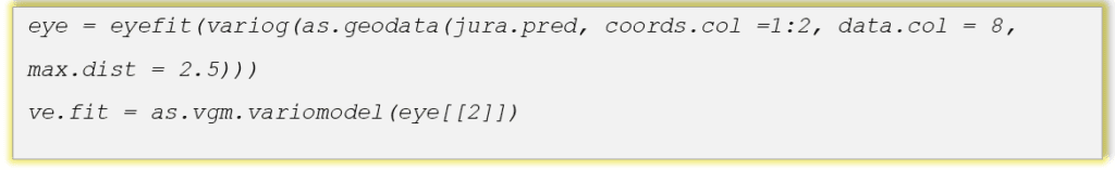 eye = eyefit(variog(as.geodata(jura.pred, coords.col =1:2, data.col = 8, max.dist = 2.5))) ve.fit = as.vgm.variomodel(eye[[2]])
