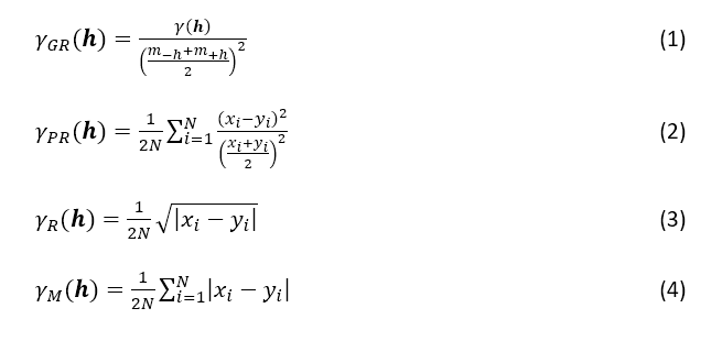 Equações retiradas de GSLIB – biblioteca de software geoestatístico e guia do usuário (Deutsch e Journel, 1992)